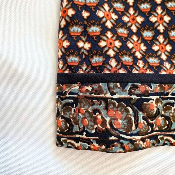 TORY BURCH 100% SILK SHORT SLEEVE BOXY TOP IN ORANGE BLUE FLORAL GEO PATTERN - 2 - Picture 9 of 10